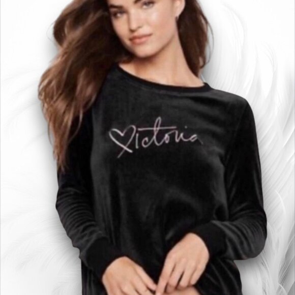 Victoria Secret Black Velvet Feel with Slit Open Back Sweatshirt Pullover Size L - Picture 1 of 8
